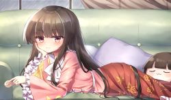 Rule 34 | 1girl, :3, bad id, bad pixiv id, blush, bow, brown eyes, brown hair, couch, curtains, feet out of frame, floral print, food, frilled sleeves, frills, head in hand, head rest, highres, holding, holding food, houraisan kaguya, indoors, japanese clothes, light smile, long hair, looking at viewer, lying, macaron, on stomach, pillow, pink shirt, pudding (skymint 028), rain, red skirt, shirt, sidelocks, skirt, solo, teruyof, touhou, very long hair, white bow, window, yukkuri shiteitte ne