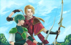 Rule 34 | 2boys, annelie, arrow (projectile), artist name, bad id, bad pixiv id, blonde hair, bow (weapon), brown eyes, dated, day, fingerless gloves, fire emblem, fire emblem: mystery of the emblem, gloves, gordin (fire emblem), green eyes, green hair, headband, jeorge (fire emblem), leaf, low ponytail, male focus, multiple boys, nintendo, quiver, scarf, sky, tree, weapon