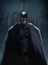 Rule 34 | 1boy, absurdres, animal ears, armor, bat ears, batman, batman (series), black cape, building, cape, closed mouth, dc comics, fake animal ears, frown, helmet, highres, looking at viewer, male focus, night, night sky, no pupils, outdoors, shimoguchi tomohiro, sky, smoke, solo, standing, steam, white eyes