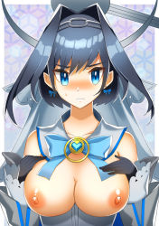 Rule 34 | bad id, bad pixiv id, black gloves, blue eyes, blue hair, blue ribbon, bow, bow earrings, breasts, breasts out, chain, detached sleeves, earrings, gloves, hair intakes, halo, head chain, headband, heart-shaped gem, hololive, hololive english, jewelry, kaichi 234311, large breasts, mechanical halo, nipples, ouro kronii, ouro kronii (1st costume), ribbon, ribbon earrings, sailor collar, short hair, solo, virtual youtuber