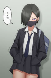 Rule 34 | ..., 1girl, bag, black hair, black jacket, black skirt, blue necktie, blush, collarbone, collared shirt, cowboy shot, embarrassed, female focus, flat chest, gradient background, grey background, hair over one eye, half-closed eyes, hands in pockets, have to pee, jacket, legs together, light blush, long sleeves, looking at viewer, maanii, mask, miniskirt, mouth mask, necktie, one eye covered, open clothes, open jacket, original, pleated skirt, purple eyes, school uniform, shirt, short hair, shoulder bag, simple background, skirt, solo, speech bubble, spoken ellipsis, standing, sweat, trembling, v-shaped eyebrows, white shirt