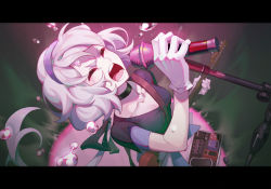 Rule 34 | 1girl, :o, breasts, cheese kang, cleavage, closed eyes, effects pedal, gloves, guitar, hairband, highres, holding, holding instrument, holding microphone, instrument, konno junko, letterboxed, microphone, music, singing, small breasts, solo, water drop, white gloves, white hair, zombie land saga