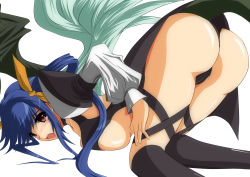 Rule 34 | 1girl, all fours, arc system works, ass, asymmetrical wings, bare shoulders, blue hair, blush, bow, breast press, breasts, choker, dizzy (guilty gear), guilty gear, hair bow, large breasts, long hair, looking back, navel, open mouth, red eyes, ribbon, simple background, solo, tail, tail ornament, tail ribbon, tears, thighhighs, top-down bottom-up, twintails, underboob, white background, wings, yuuk33