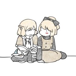 Rule 34 | 2girls, arm warmers, bad id, bad pixiv id, black footwear, blonde hair, blush, book, bow, braid, brown dress, closed eyes, dress, french braid, hair bow, hand on own hip, holding, holding book, kurodani yamame, long sleeves, looking at another, lowres, mizuhashi parsee, multiple girls, pointy ears, ponytail, sabakan (iizuka48), scarf, seiza, shoes, short sleeves, side-by-side, simple background, sitting, skirt, smile, touhou, turtleneck, white background, yokozuwari