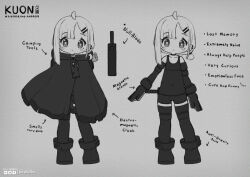 Rule 34 | 1girl, ahoge, android, arms at sides, asymmetrical bangs, bare shoulders, boots, character name, character sheet, cloak, closed mouth, collarbone, commentary, dot mouth, english commentary, english text, expressionless, full body, gilxelothz43, gloves, grey background, grey hair, greyscale, hair ornament, hairclip, looking at viewer, mechanical arms, monochrome, multiple views, original, short hair, simple background, standing, straight-on, tank top