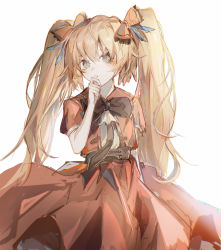 Rule 34 | 1girl, absurdres, arknights, black bow, black bowtie, blonde hair, blue eyes, bow, bowtie, cowboy shot, dress, hair between eyes, hair bow, hand on own chin, hand up, highres, long hair, looking at viewer, nininisama, official alternate costume, orange bow, parted lips, pinecone (arknights), pinecone (sing a song) (arknights), red dress, short sleeves, simple background, solo, twintails, very long hair, white background