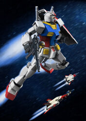 Rule 34 | beam rifle, commentary request, core booster, earth federation space forces, energy gun, exhaust, finger on trigger, flying, gun, gundam, holding, holding gun, holding shield, holding weapon, looking up, mecha, mick (m.ishizuka), mobile suit, mobile suit gundam, motion blur, no humans, realistic, robot, rx-78-2, science fiction, shield, space, spacecraft, starfighter, v-fin, weapon, yellow eyes