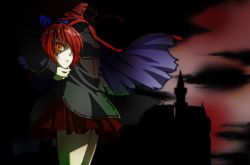 Rule 34 | 1girl, beluo77, bow, cape, castle, disembodied head, hair bow, long sleeves, miniskirt, night, open mouth, red eyes, red hair, sekibanki, short hair, skirt, solo, touhou, wind