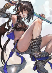 Rule 34 | 1girl, absurdres, armor, ass, bare shoulders, belt, black hair, blue eyes, boots, breastplate, breasts, detached sleeves, earrings, high heels, highres, holding, holding sword, holding weapon, jewelry, long hair, looking at viewer, medium breasts, open mouth, original, sabamiso taro, shorts, solo, sword, teeth, weapon, white eyes, wings