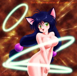 Rule 34 | 1girl, akira m, animal ears, black hair, blush, breasts, cat ears, cat girl, censored, collarbone, convenient censoring, energy ring, fangs, green eyes, hair ornament, hoop, large breasts, long hair, looking at viewer, nude, open mouth, smile, solo, standing, teeth, twintails