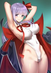 Rule 34 | 1girl, absurdres, armpits, arms behind head, bare arms, bare shoulders, bb (fate), bb (fate) (all), bb (swimsuit mooncancer) (fate), bb (swimsuit mooncancer) (third ascension) (fate), black coat, breasts, cameltoe, closed mouth, coat, covered erect nipples, covered navel, cowboy shot, fate/grand order, fate (series), hair ribbon, hands up, highleg, highleg leotard, highres, large breasts, leotard, long hair, looking at viewer, neck ribbon, popped collar, purple eyes, purple hair, red ribbon, ribbon, saruchitan, simple background, smile, solo, very long hair, white leotard