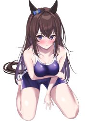 Rule 34 | 1girl, absurdres, animal ears, bare shoulders, blue one-piece swimsuit, blush, bow, breasts, deep impact (umamusume), ear bow, hair between eyes, hair ornament, highres, horse ears, horse girl, horse tail, long hair, looking at viewer, one-piece swimsuit, purple eyes, purple sweater, school swimsuit, simple background, sitting, solo, sweater, swimsuit, tail, thighs, umamusume, v a i r, wariza, white background