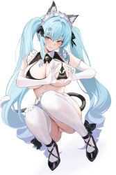 Rule 34 | 1girl, absurdres, animal ears, apron, bikini, black bikini, blue hair, blush, breasts, cat ears, cat tail, drill hair, elbow gloves, fake animal ears, fake tail, gloves, goddess of victory: nikke, highres, large breasts, light blue hair, long hair, looking to the side, lucifer liyen, maid, maid headdress, neck bell, official alternate costume, panties, pantyshot, paw hair ornament, privaty (nikke), privaty (unkind maid) (nikke), simple background, solo, squatting, sweatdrop, swimsuit, tail, thighhighs, twin drills, twintails, underwear, very long hair, white apron, white background, white gloves, white panties, white thighhighs, yellow eyes