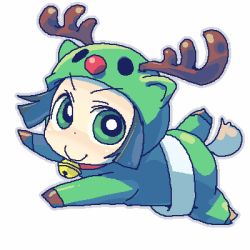 Rule 34 | 00s, 1girl, animal costume, bell, fake antlers, jingle bell, looking at viewer, lowres, lying, matsubara kaoru, oekaki, on stomach, outstretched arms, powered buttercup, powerpuff girls, powerpuff girls z, reindeer costume, simple background, solo, white background