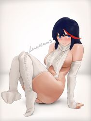 Rule 34 | 1girl, areola slip, arm support, artist name, ass, bare shoulders, blue eyes, blue hair, blush, breasts, commentary, dark blue hair, detached sleeves, english commentary, highres, kill la kill, lucisam, matoi ryuuko, medium breasts, medium hair, meme attire, multicolored hair, navel, red hair, sideboob, signature, sitting, solo, streaked hair, thick thighs, thighhighs, thighs, virgin destroyer sweater, white sleeves, white thighhighs
