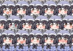 Rule 34 | 6+girls, :p, :t, animal ears, black fur, blue hair, blue sweater, blush, bow, bowtie, brown eyes, clenched teeth, common raccoon (kemono friends), fang, fur collar, grey hair, heart, heart in mouth, highres, kemono friends, multicolored hair, multiple girls, multiple persona, ngetyan, nose blush, odd one out, open mouth, patchwork skin, pout, puffy short sleeves, puffy sleeves, raccoon ears, raccoon girl, red eyes, short hair, short sleeves, sweat, sweater, tearing up, teeth, tongue, tongue out, wavy mouth, white fur, white hair, zombie