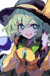 Rule 34 | 1girl, black hat, bright pupils, chinese commentary, collared shirt, commentary request, cowboy shot, green eyes, green hair, green skirt, hat, hat ribbon, highres, komeiji koishi, long sleeves, looking at viewer, medium hair, notwugui, open mouth, ribbon, shirt, simple background, sketch, skirt, smile, solo, third eye, touhou, white background, white pupils, yellow ribbon, yellow shirt