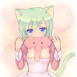 Rule 34 | 1girl, animal ears, blue eyes, breasts, cat ears, cat tail, chaudlapin, cleavage, elephant, green hair, original, solo, tail