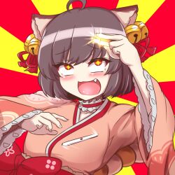 +_+ 1girl :3 ahoge alternate_breast_size animal_ears bell blush bow breasts brown_hair cat_ears cat_girl choker commentary_request fang frilled_choker frilled_sleeves frills glowing hair_bell hair_ornament hair_ribbon highres holding holding_mahjong_tile ichihime japanese_clothes jingle_bell kimono long_sleeves madara_(yotunoha01) mahjong mahjong_soul mahjong_tile medium_breasts open_mouth pink_kimono red_bow red_choker red_eyes red_ribbon ribbon short_hair smile smug solo sunburst sunburst_background tenbou upper_body upturned_eyes waist_bow wide_sleeves