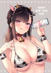 Rule 34 | 1girl, 2021, :q, animal ears, animal print, armpit crease, bare arms, bare shoulders, bell, bikini, black hair, bottle, braid, breasts, calm mashiro, chinese zodiac, choker, cleavage, closed mouth, collarbone, covered erect nipples, cow ears, cow horns, cow print, fake animal ears, hair ornament, hairband, hairclip, halterneck, hands up, happy new year, holding, horns, large breasts, long hair, looking at viewer, milk bottle, neck bell, new year, original, pouring, pouring onto self, purple eyes, red choker, sidelocks, smile, solo, string bikini, swimsuit, tongue, tongue out, upper body, white bikini, wristband, year of the ox