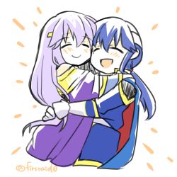 Rule 34 | 1boy, 1girl, blue hair, brother and sister, cape, circlet, closed eyes, dress, fire emblem, fire emblem: genealogy of the holy war, headband, holding, hug, julia (fire emblem), long hair, nintendo, open mouth, ponytail, purple hair, seliph (fire emblem), siblings, simple background, smile, white headband, yukia (firstaid0)