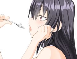 Rule 34 | 1boy, 1girl, black hair, character request, copyright request, giant, giantess, highres, mini person, miniboy, niwaka potato, open mouth, profile, simple background, spoon, vore, white background