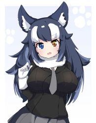Rule 34 | 1girl, animal ear fluff, animal ears, bad id, bad pixiv id, berusa (berutoo), between breasts, blush, breast pocket, breasts, fang, fur collar, gloves, grey wolf (kemono friends), heterochromia, highres, impossible clothes, kemono friends, large breasts, looking at viewer, necktie, necktie between breasts, open mouth, plaid necktie, plaid neckwear, pocket, simple background, skin fang, solo, white background, white gloves, wolf ears, wolf girl