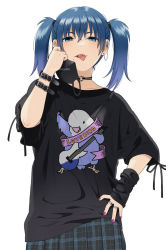 Rule 34 | 1girl, black shirt, black skirt, blue eyes, blue hair, clothes writing, ear piercing, earrings, english text, eyebrows hidden by hair, fangs, hair between eyes, hand on own hip, hand up, jewelry, long sleeves, mask, mask pull, mattaku mousuke, mole, mole under mouth, mouth mask, nail polish, original, parted lips, piercing, plaid, plaid skirt, pleated skirt, pulling own clothes, purple nails, ring, shirt, skirt, solo, thick eyebrows, tongue, tongue out, twintails, white background