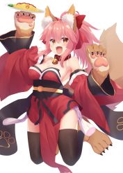 Rule 34 | 1girl, absurdres, animal ear fluff, animal ears, animal hands, bell, black thighhighs, breasts, cat paws, cleavage, collar, fangs, fate/grand order, fate (series), food, fox ears, fox girl, fox tail, full body, gloves, hair ribbon, highres, japanese clothes, jingle bell, jumping, kimono, large breasts, long hair, looking at viewer, neck bell, omelet, omurice, paw gloves, paw shoes, pink hair, ponytail, red kimono, red ribbon, ribbon, shoes, simple background, solo, tail, tamamo (fate), tamamo cat (fate), tamamo cat (first ascension) (fate), thighhighs, white background, yappe, yellow eyes