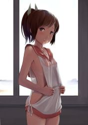 Rule 34 | 10s, 1girl, bad id, bad twitter id, blush, breasts, brown eyes, brown hair, cum, cum on body, cum on breasts, cum on upper body, facial, highres, i-401 (kancolle), inactive account, kantai collection, long hair, looking at viewer, one-piece tan, ponytail, school uniform, small breasts, solo, standing, tan, tanline, wa (genryusui)