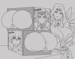Rule 34 | 3girls, anus, ass, bare shoulders, blue eyes, breasts, byleth (fire emblem), center opening, circlet, cleavage, cleft of venus, cornelia arnim, crown, drawing (object), dress, edelgard von hresvelg, feathers, fire emblem, fire emblem: three houses, forehead jewel, grey background, highres, large breasts, long hair, looking at viewer, multiple girls, nintendo, poster (object), prostitution, pussy, restrained, simple background, smile, smug, stuck, through wall, yesevilberry