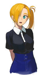 Rule 34 | 1girl, alternate costume, arms behind back, b suke, black shirt, blonde hair, blue skirt, calamity jane (fate), cowboy shot, denim, denim skirt, earrings, fate/grand order, fate (series), hair over one eye, highres, jewelry, looking at viewer, one side up, open mouth, polo shirt, shirt, shirt tucked in, simple background, skirt, solo, star (symbol), teeth, upper teeth only, white background
