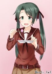 Rule 34 | 10s, 1girl, anti (untea9), blush, eating, gradient background, green eyes, green hair, highres, jpeg artifacts, kantai collection, long hair, matching hair/eyes, mikuma (kancolle), open mouth, pink background, solo, twintails, twitter username