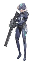 Rule 34 | 1girl, armor, bodysuit, commentary, copyright request, english commentary, full body, gun, helmet, holding, holding gun, holding weapon, ponytail, pouch, rifle, solo, standing, thigh pouch, urorong, weapon, white background, white hair