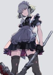 Rule 34 | 1boy, alternate costume, apron, arms at sides, bad id, bad twitter id, black thighhighs, blood, bloody weapon, bob cut, crossdressing, enmaided, frills, from below, gloves, grey background, half gloves, hammer, holding, holding smoking pipe, industrial pipe, lio fotia, maid, maid apron, maid headdress, male focus, promare, puffy short sleeves, puffy sleeves, purple eyes, shirikon, short sleeves, smoking pipe, solo, thighhighs, trap, waist apron, weapon, wide-eyed