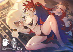 Rule 34 | 1girl, bare arms, bare legs, bare shoulders, barefoot, black bra, bra, coffee, controller, cup, eyebrows hidden by hair, game controller, hair between eyes, highres, holding, long hair, mouth hold, original, playing games, ponytail, red eyes, red hair, shen (snakeping), shipl, sitting, solo, thighs, underwear, very long hair