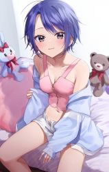 Rule 34 | 1girl, blush, bow, breasts, chigusa minori, cleavage, collarbone, commentary request, cropped shirt, duplicate, hair ornament, hairclip, halterneck, highres, light blue jacket, long sleeves, looking at viewer, medium breasts, midriff, navel, off shoulder, on bed, open clothes, original, pink shirt, purple eyes, purple hair, red bow, shadow, shirt, short hair, short shorts, shorts, sitting, sleeveless, sleeveless shirt, sleeves past wrists, smile, solo, stuffed animal, stuffed rabbit, stuffed toy, swept bangs, teddy bear, white shorts