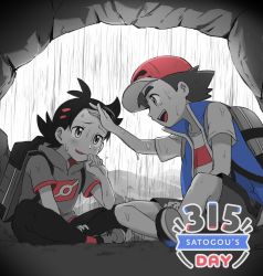 Rule 34 | 2boys, antenna hair, ash ketchum, backpack, bag, baseball cap, black hair, black pants, blue jacket, commentary request, creatures (company), eye contact, from below, game freak, goh (pokemon), grey bag, grey footwear, hair ornament, hand up, hat, highres, jacket, looking at another, male focus, matsuno opa, mountainous horizon, multiple boys, nintendo, open mouth, pants, pokemon, pokemon (anime), pokemon journeys, rain, shirt, shoes, short hair, short sleeves, sitting, sleeveless, sleeveless jacket, smile, t-shirt, teeth, tongue, wet, wet clothes