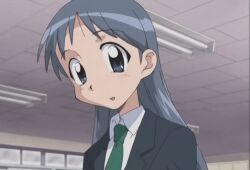 Rule 34 | 1girl, animated, animated gif, blush, ceiling, ceiling light, closed eyes, closed mouth, dot nose, grey eyes, grey hair, indoors, kajiwara sora, long hair, looking at viewer, lowres, necktie, open mouth, school uniform, sketchbook full colors, smile, solo