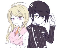 Rule 34 | 1boy, 1girl, ahoge, akamatsu kaede, baseball cap, black hat, black jacket, black sleeves, blonde hair, breasts, buttons, closed mouth, collared jacket, collared shirt, commentary request, crest, danganronpa (series), danganronpa v3: killing harmony, double-breasted, eyelashes, flat color, fortissimo, hair ornament, hand on headwear, hat, ibara (yumekui317), jacket, large breasts, layered sleeves, light frown, long hair, long sleeves, musical note, musical note hair ornament, necktie, orange necktie, pink eyes, pink vest, pinstripe jacket, pinstripe pattern, pocket, saihara shuichi, shirt, sidelocks, simple background, sketch, smile, upper body, v-neck, vertical-striped sleeves, vest, wavy hair, white background, white shirt, white sleeves, yellow eyes