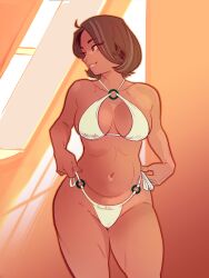 Rule 34 | 1girl, adjusting clothes, adjusting swimsuit, bikini, breasts, brown hair, cameltoe, commentary, dark-skinned female, dark skin, day, english commentary, highres, looking to the side, mature female, medium breasts, navel, neal d. anderson, nora (neal d. anderson), o-ring, o-ring bikini, o-ring bottom, o-ring top, original, parted lips, short hair, smile, solo, standing, swimsuit, thighs, variant set, white bikini
