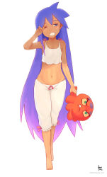 Rule 34 | 1girl, andre borges, barefoot, bloomers, full body, hair down, highres, long hair, midriff, navel, one eye closed, open mouth, pajamas, purple hair, shantae, shantae (series), solo, squid baron, underwear, very long hair, yawning