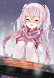 Rule 34 | 1girl, ^ ^, blurry, blurry background, blush, closed eyes, commentary request, depth of field, dot nose, facing viewer, flat chest, grill, hair between eyes, happy tears, highres, long hair, long sleeves, milk-chan (milkshakework), milkshakework, mittens, open mouth, original, pink scarf, scarf, sidelocks, sitting, skirt, snow, snowing, solo, tears, thighhighs, thighs, twintails, white hair, winter, winter clothes