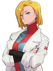 Rule 34 | 1girl, android 18, android 21, android 21 (cosplay), blonde hair, blue eyes, checkered clothes, checkered dress, closed mouth, cosplay, crossed arms, dragon ball, dragon ball fighterz, dragonball z, dress, earrings, hair between eyes, jewelry, kemachiku, lab coat, long sleeves, looking at viewer, red ribbon army, short hair, simple background, solo, white background