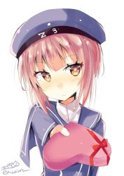 Rule 34 | 1girl, blush, box, brown eyes, brown hair, closed mouth, dress, hat, heart-shaped box, highres, hizaka, kantai collection, looking at viewer, military, military hat, military uniform, peaked cap, sailor collar, sailor dress, sailor hat, short hair, simple background, solo, uniform, white background, white hat, z3 max schultz (kancolle)