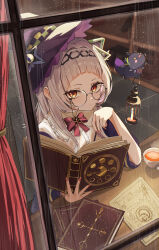 alternate_costume arched_bangs bespectacled black_hat book bow bowtie chain chain_hairband commentary_request cup elbow_on_table from_outside glasses grey_hair grimoire hairband hat highres holding holding_book hololive indoors ky00 long_hair looking_over_eyewear murasaki_shion nail_polish pink_bow pink_bowtie rain reading red_nails round_eyewear shiokko_(murasaki_shion) short_eyebrows sidelocks teacup tilted_headwear virtual_youtuber witch witch_hat yellow_eyes