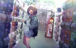 Rule 34 | 1girl, atm, backpack, bag, blurry, brown hair, commentary request, depth of field, despicable me, electric fan, eva mashiro, eva mashiro (vtuber), feet out of frame, gashapon, gashapon machine, grey hoodie, hand in pocket, head tilt, highres, hood, hood down, hoodie, indoors, long sleeves, looking at viewer, minion (despicable me), open mouth, original, pointing, short hair, smile, solo, sprout, standing, virtual youtuber, yellow eyes