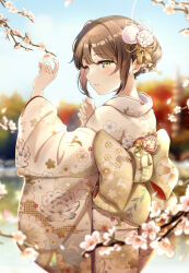 Rule 34 | 1girl, blurry, branch, brown hair, depth of field, earrings, fingernails, floral print, flower, green eyes, hair flower, hair ornament, hair up, half-closed eyes, highres, japanese clothes, jewelry, kazari hisa, kimono, lens flare, looking at viewer, looking back, open mouth, original, outdoors, sunlight