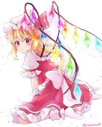 Rule 34 | 1girl, back bow, blonde hair, bow, crystal, flandre scarlet, from behind, hat, hat ribbon, kiwicream09, long hair, looking at viewer, looking back, mob cap, one side up, red eyes, red ribbon, red skirt, red vest, ribbon, shirt, short sleeves, sitting, skirt, socks, solo, touhou, twitter username, vest, wariza, white background, white bow, white shirt, white socks, wings, wrist cuffs, yellow neckwear