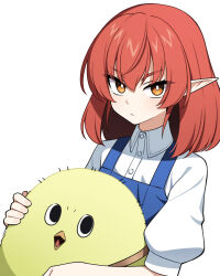 Rule 34 | 1girl, 1other, animal, beak, bird, black eyes, blue overalls, child (isoliya), collared shirt, expressionless, hair between eyes, helck, highres, looking at viewer, medium hair, orange eyes, overalls, piwi, pointy ears, puffy sleeves, red hair, shirt, sidelocks, simple background, vermilio (helck), white background, white shirt